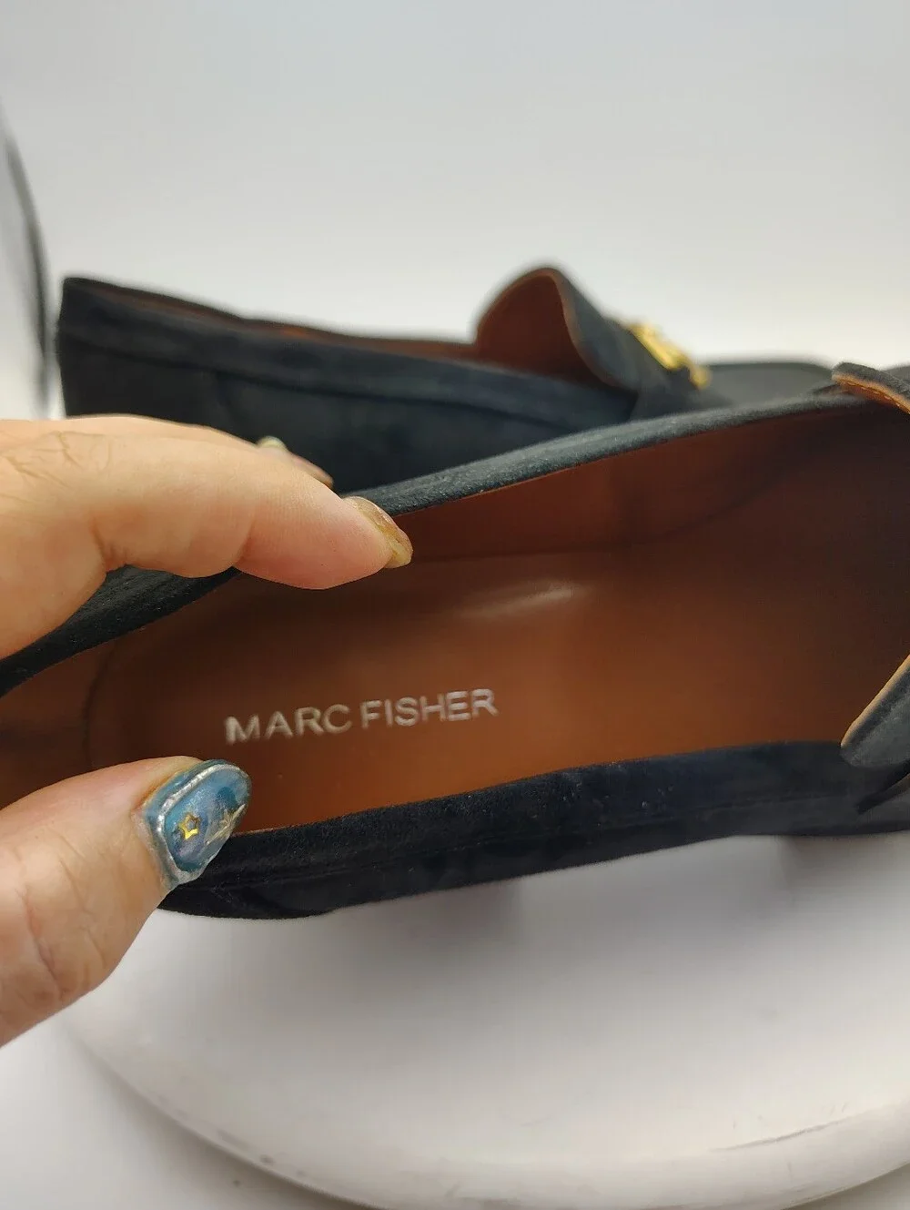 New Marc Fisher Black Suede Lug Sole Loafers with Gold Hardware Accents Size 9.5